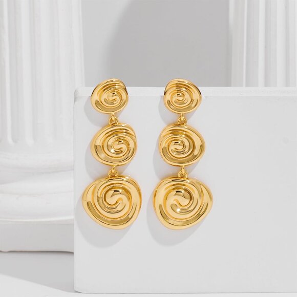 14K B Gold Pleated Boho Hammered Statement Finish Dangle Drop Earring for Women - Picture 3 of 6